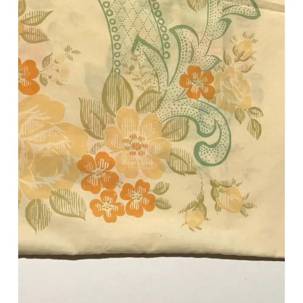 Vtg Floral Standard Pillowcases 60s Orange Green Cream No-iron Percale PAIR 2
